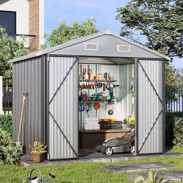 Breeins Metal Outdoor Storage Shed with Lockable Door in Grey and White