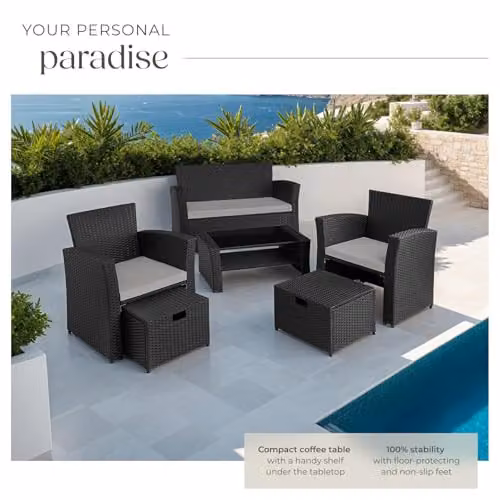 tectake Rattan Garden Furniture Set in Black and Grey with 2-Seater Sofa, Coffee Table, Armchairs, and Ottoman with Upholstered Cushions – 4