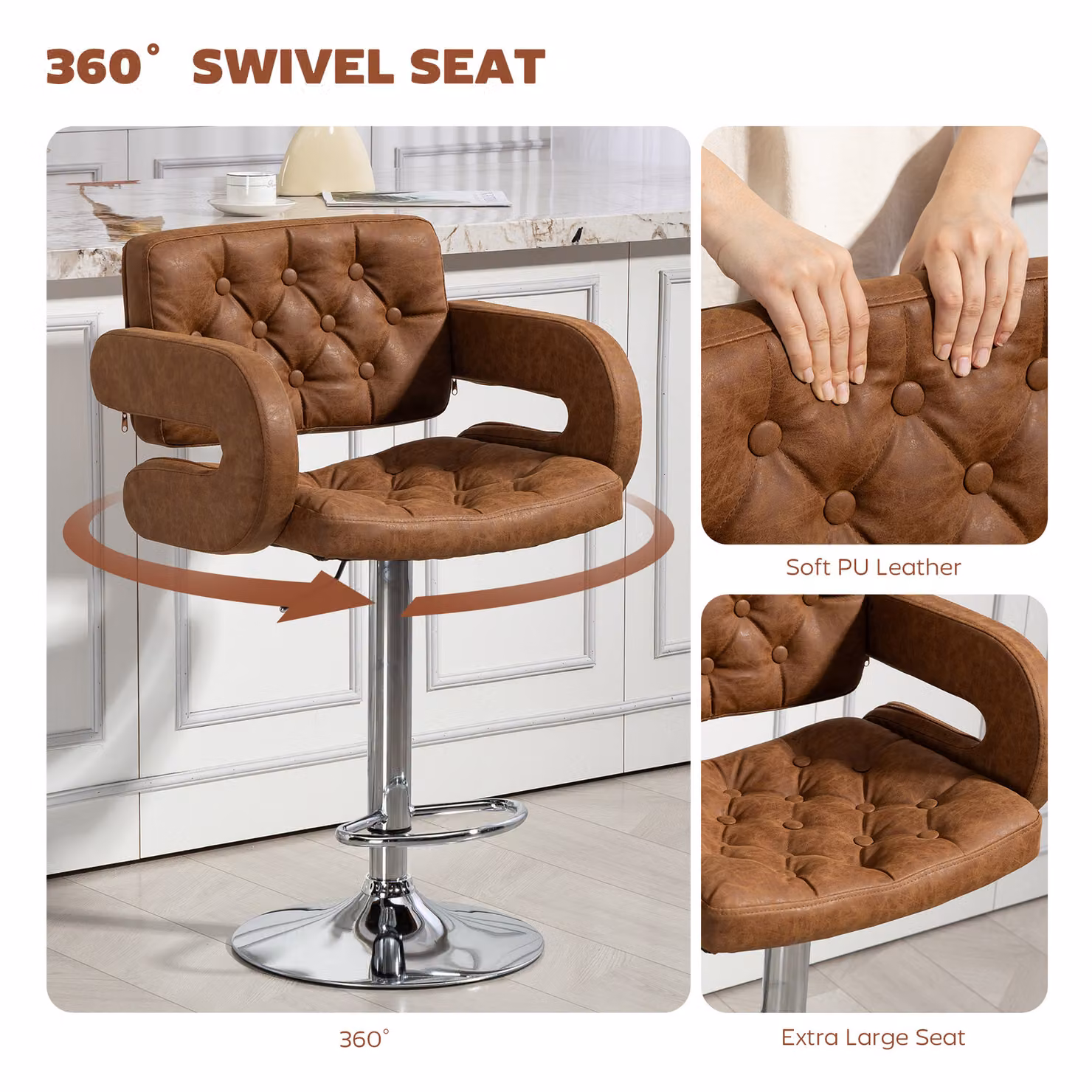 HOMCOM Brown PU Leather Upholstered Swivel Bar Stool with Armrests and Footrest, Height Adjustable – 4