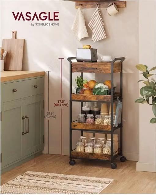 VASAGLE 4-Tier Industrial Storage Trolley with Table Top and Handles, Bronze