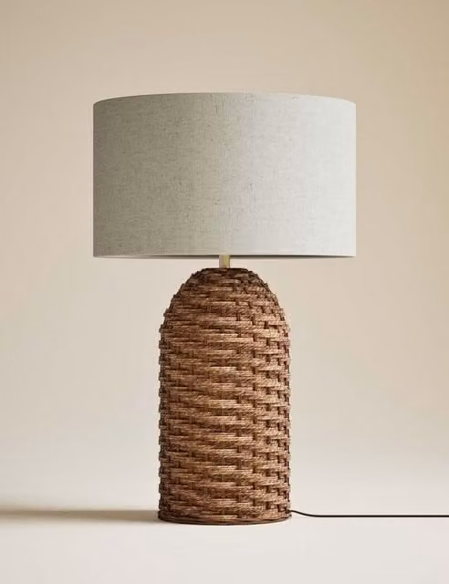 M&S Rattan Table Lamp with Fabric Shade in Brown and Beige