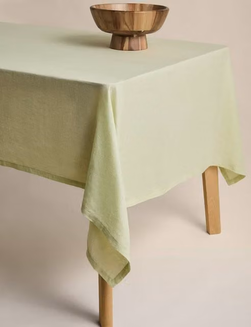 M&S Pure Linen Rectangular Tablecloth in Lime Green