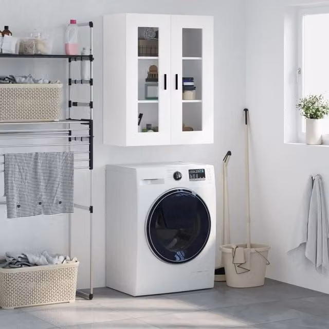 Berkfield Home Wall Mounted Cabinet with Glass Doors, White, W: 69.5 cm, D: 34 cm, H: 90 cm