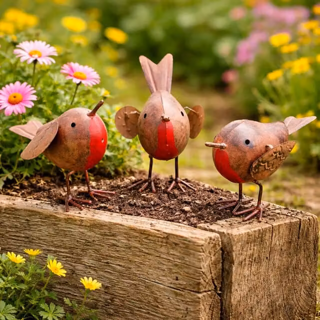 Garden Mile 3 Piece Robin Red Breast Metal Ornaments in Brown