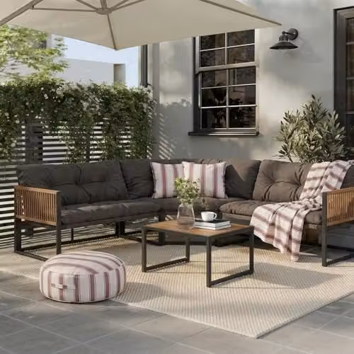 OHS Santorini 5 Seater L-Shape Corner Sofa and Coffee Table Set in Brown with Upholstered Cushions