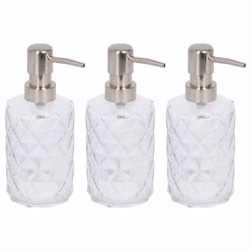Harbour Housewares Prism Glass Soap Dispensers Pack of 3, 330ml Transparent Refillable Bottles with Pumps – 1