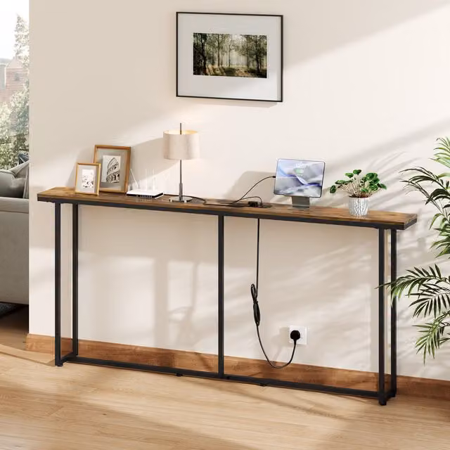 Yaheetech Modern Long Console Table with Power Station in Brown