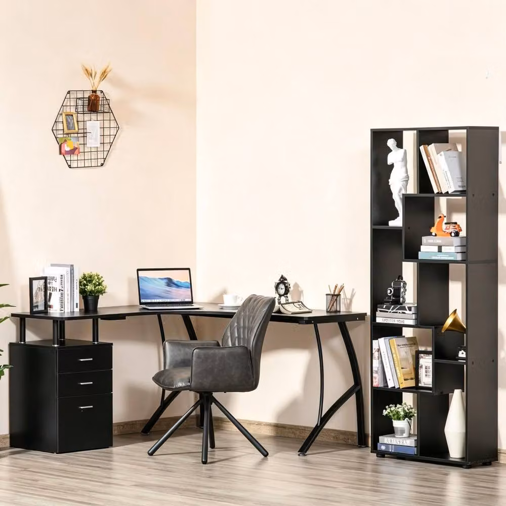 STILVORA L-Shaped Corner Desk with Single Pedestal in Black Matt Finish – 2