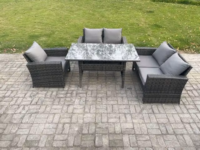 Fimous 5 Seater Wicker Rattan Garden Dining Set with Sofa and Dining Table in Dark Grey Mixed
