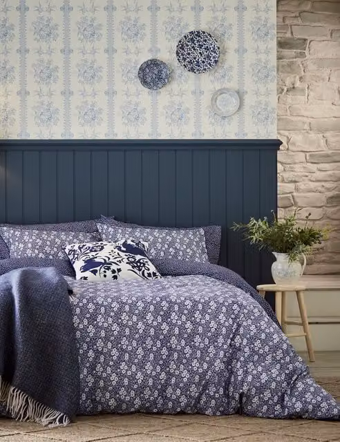Bedeck of Belfast Burleigh Pure Cotton Blue Floral Percale Bedding Set, W: 200 cm, H: 220 cm