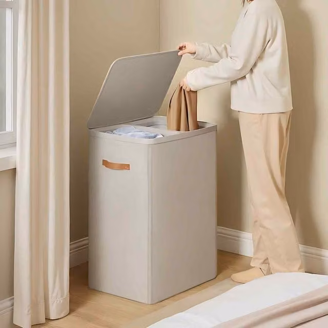 The Bazaarist 2 Compartment Laundry Hamper with Lid and Removable Bags in Beige and Brown, W/D/H: 40 x 25 x 75 cm