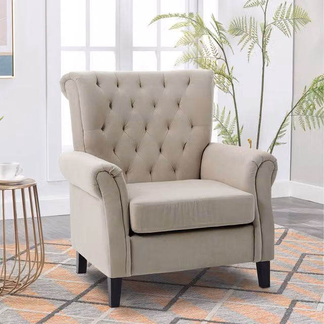 Livingandhome Tufted Velvet Wingback Armchair in Beige with Oak Wood Frame