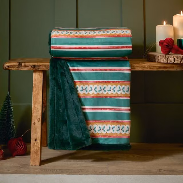 Furn All Wrapped Up Striped Faux Fur Throw in Green, W: 130 cm, D: 180 cm
