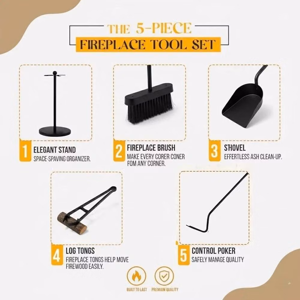 VOGREX 5-Piece Black Cast Iron Fireplace Tool Set with Stand – 5