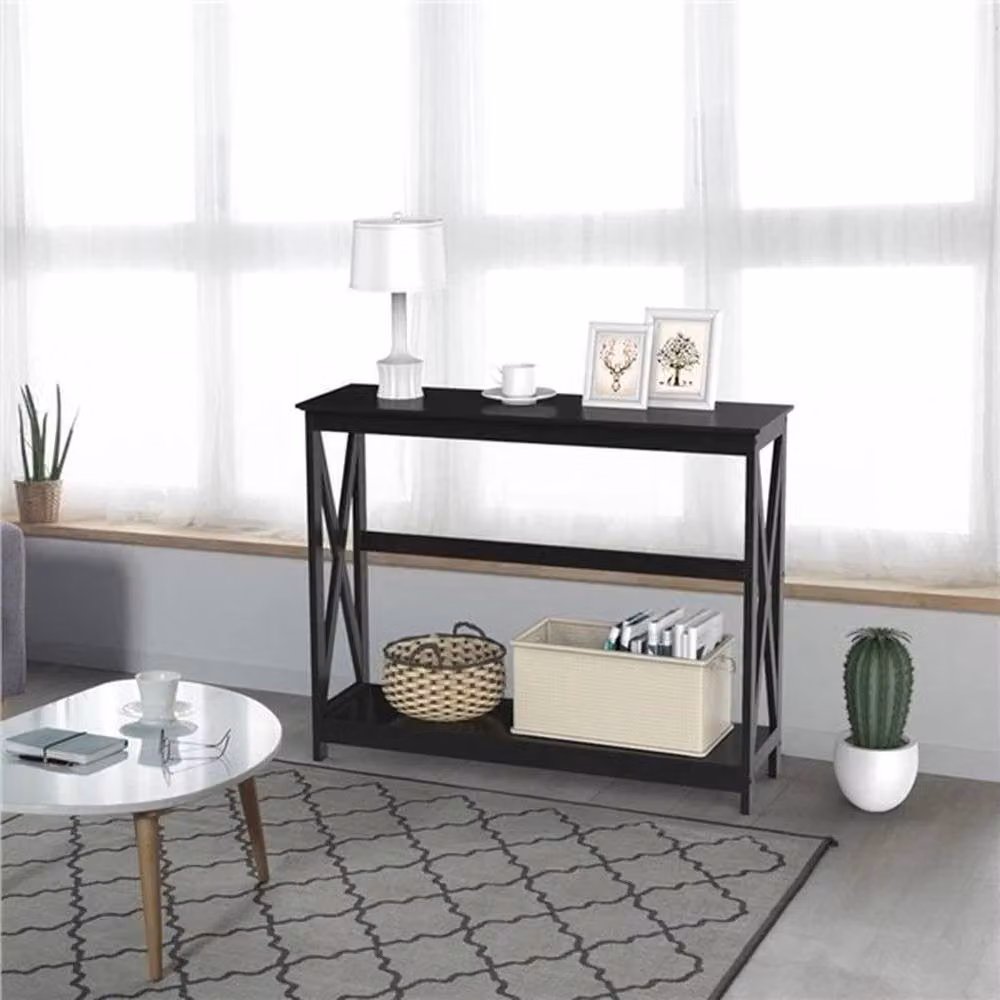 Kelvenix Black 2-Tier Slim Console Table with X-Frame Design, W: 36 cm, D: 1 cm, H: 81 cm – 4
