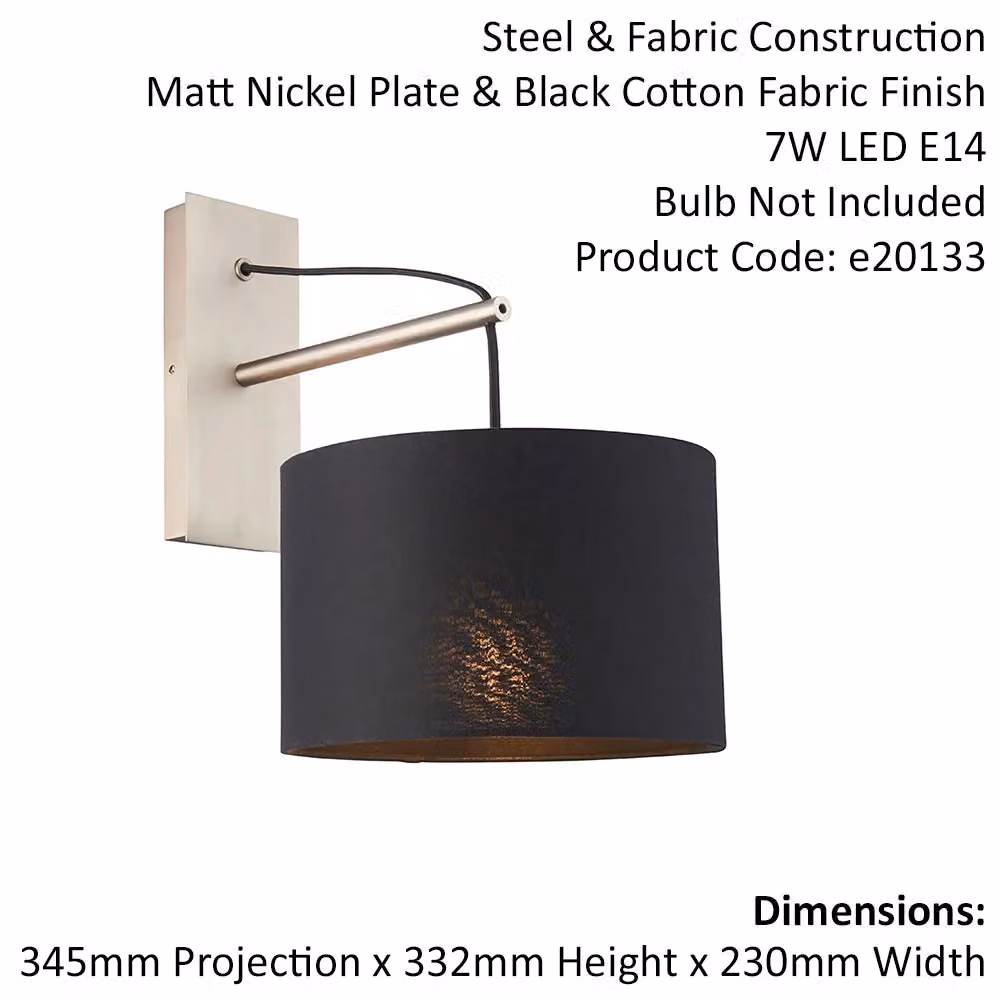 Loops Matt Nickel Wall Light with Black Cotton Fabric Shade – 2