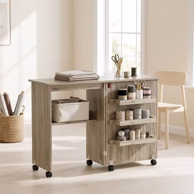 STILVORA Grey Sewing Table with Folding Drop Leaf Top and Castors, W/D/H: 117.0 x 77.5 x 40.0 cm – 1