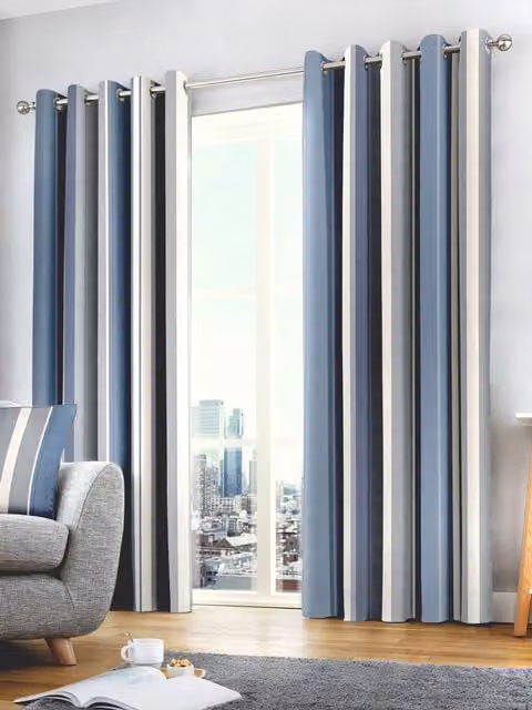 Fusion Whitworth Stripe Fully Lined 100% Cotton Eyelet Curtains in Blue, Width: 229 cm, Drop: 183 cm – 1