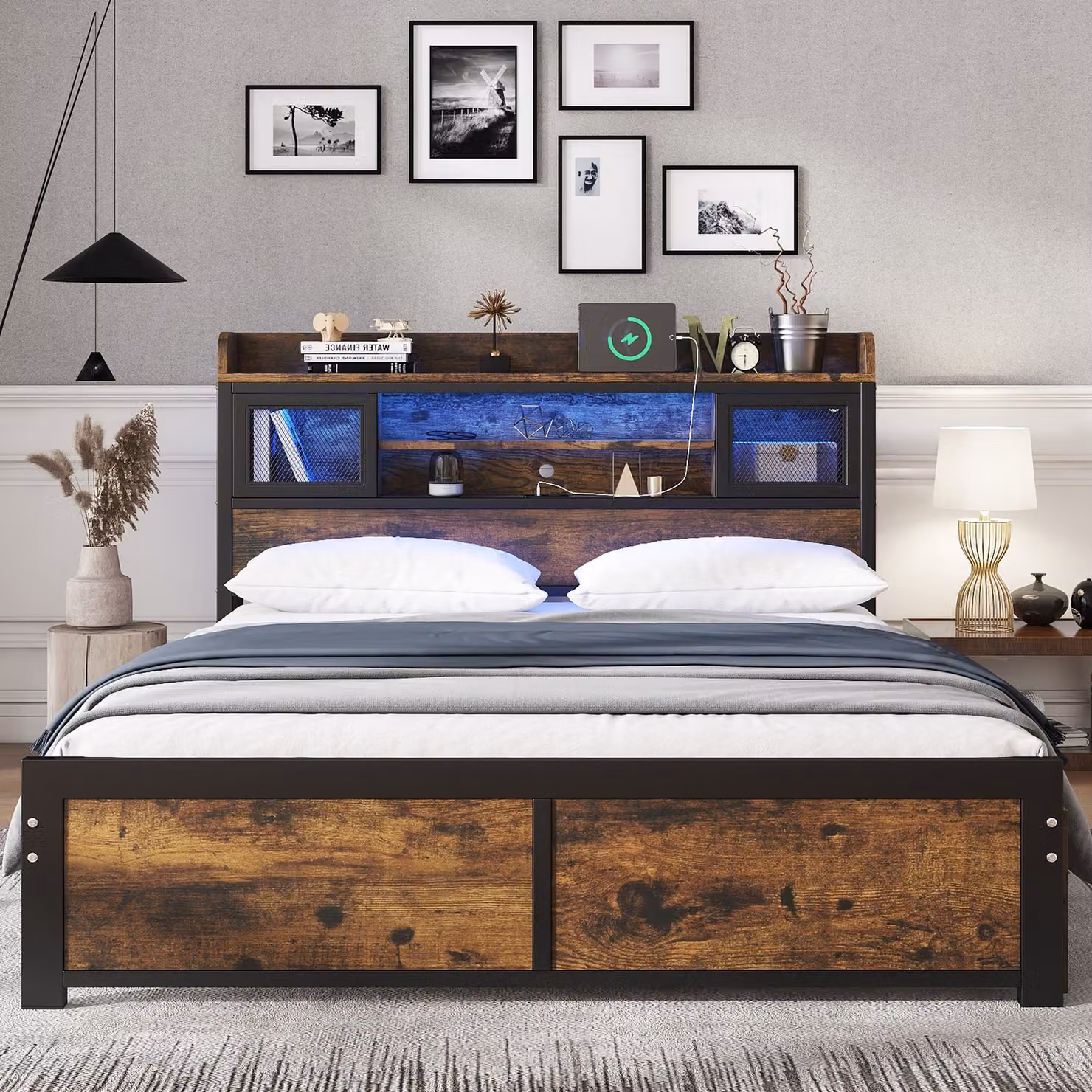 Aosom UK Black Metal Double Storage Bed with 2 Underbed Drawers, LED Light Strip, USB Charging Ports and Headboard Cabinets, W/D/H: 140 x 200 x 83.5 cm – 6
