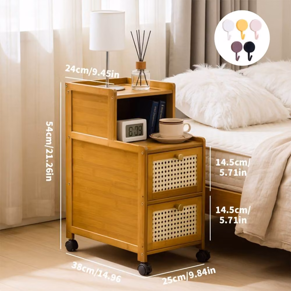 Ventryn Bamboo Narrow Edge Nightstand, Modern Minimalist Rolling Drawer Unit in Brown – 2