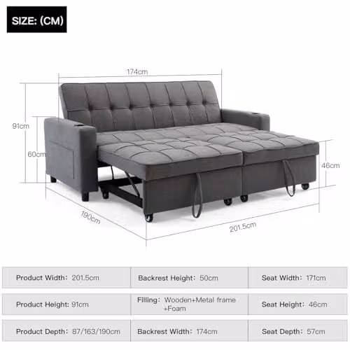 More4Homes Hudson 3-Seater Click-Clack Sofa Bed in Grey Linen Fabric with Cup Holders W: 201.5 cm, D: 87.0 cm, H: 91.0 cm – 2