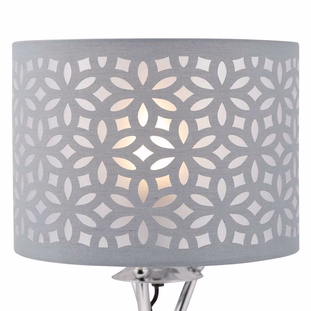 First Choice Lighting Chrome Tripod Table Lamp with Grey Fabric Cylinder Shade in Silver – 2