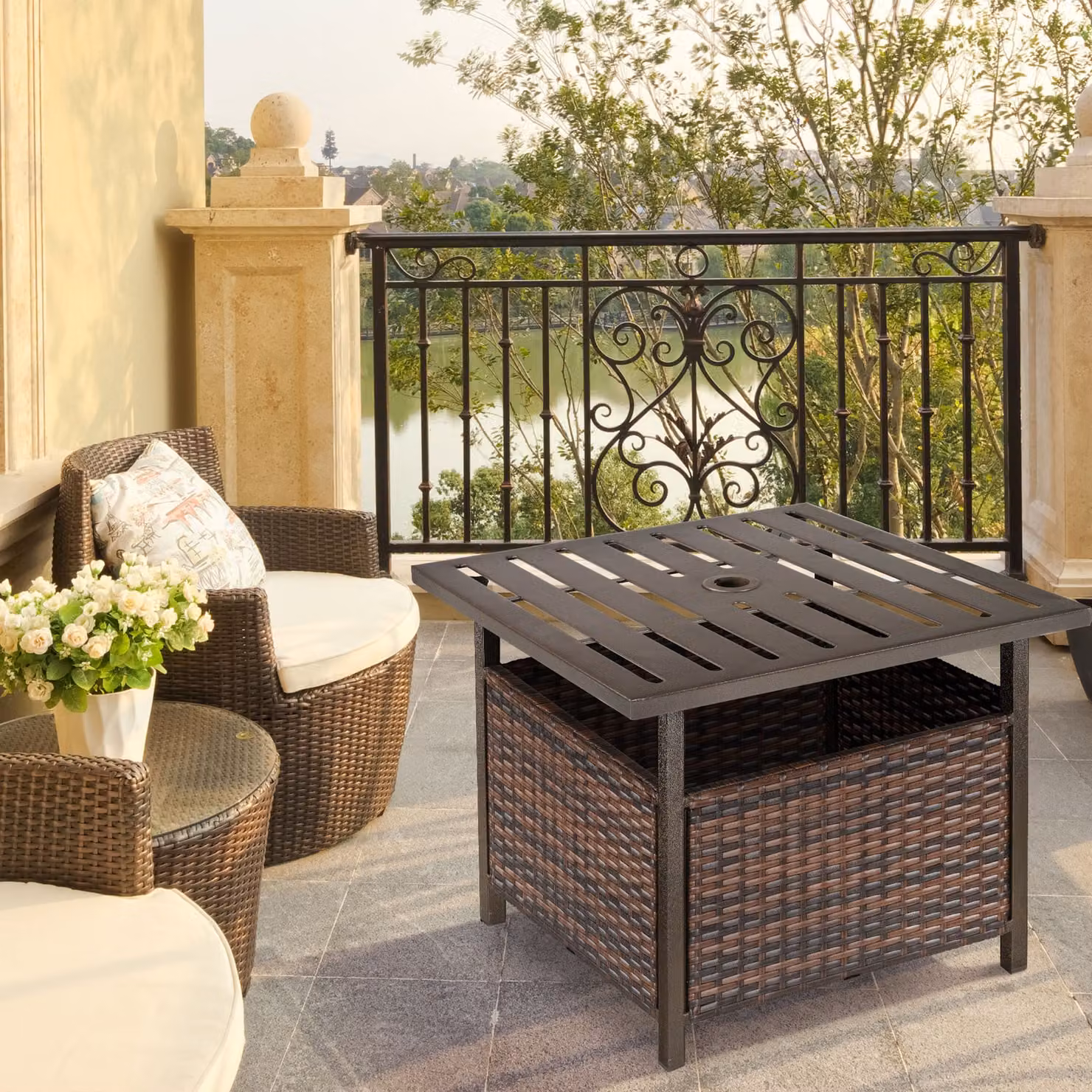 Outsunny Brown Rattan Wicker Outdoor Patio Coffee Table with Umbrella Hole – 2