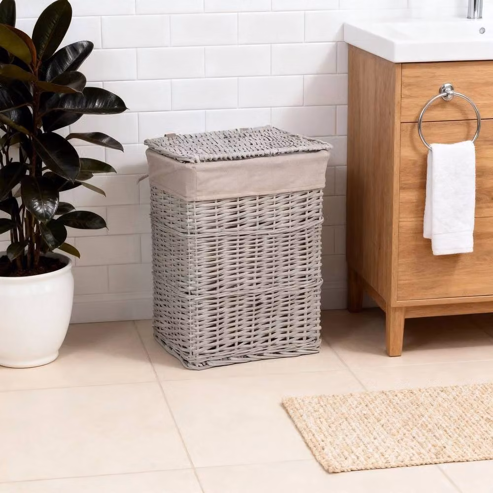 FLAVORA Grey Painted Wicker Rectangle Laundry Basket with Removable Bag, W/D/H: 50 x 50 x 50 cm – 3