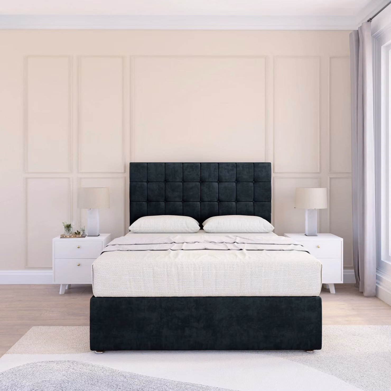 Sloomy Alabama Super King Divan Bed Base and Floor Standing Headboard in Black Velvet