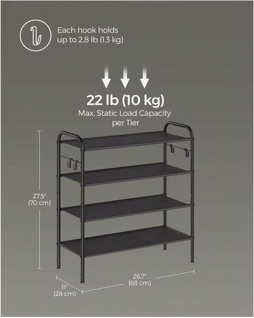 SONGMICS 4-Tier Adjustable Shoe Rack with Hooks in Black