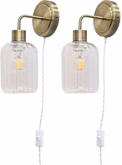 First Choice Lighting Toby Set of 2 Antique Brass Plug in Wall Lights with Transparent Glass Shades – 1