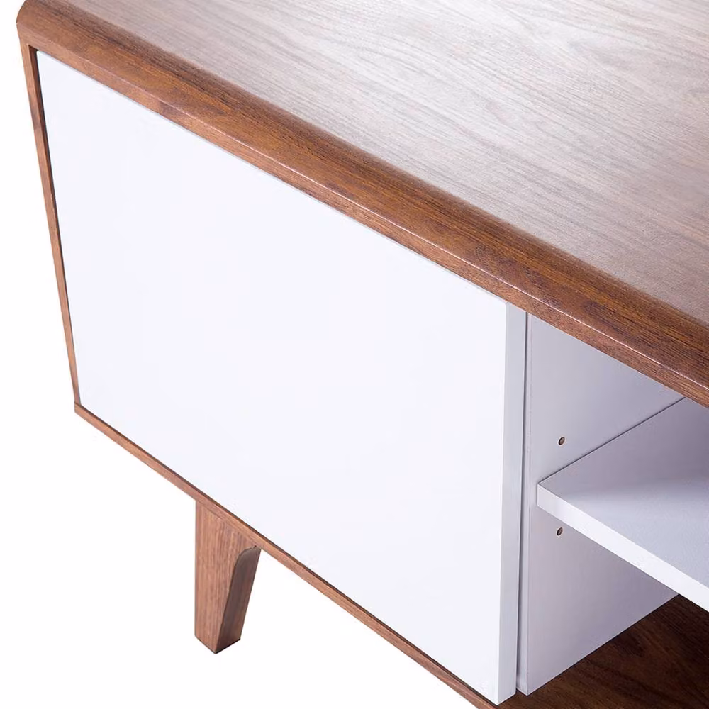 Wyld Haus Mid Century TV Stand in Brown and White with Media Compartments and Integrated Cable Management – 3