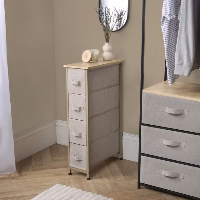 OHS Narrow 4 Drawer Fabric Storage Cabinet and Bedside Table Unit in Sand/Beige