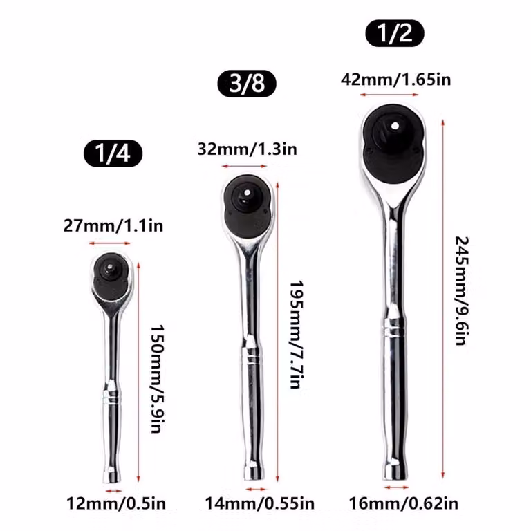 Nordara 3-Piece Chrome Vanadium Steel Ratchet Set with 1/4", 3/8" and 1/2" Inch Drive Wrench Handles and Sockets in Silver