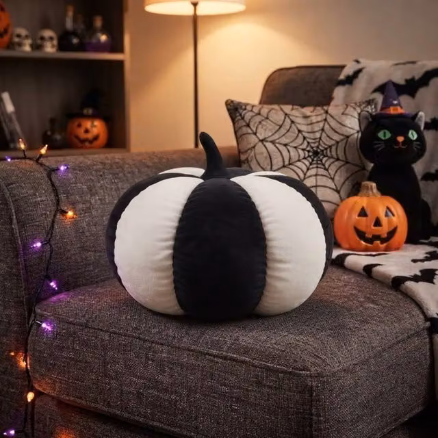 Garden Greatness Halloween Striped Round Pumpkin Cushion in Black, White and Multicolour