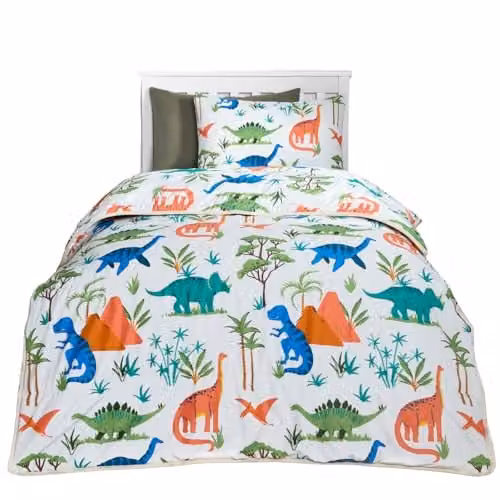 OHS Dino Print Kids Reversible Coverless Duvet and Pillowcase Set, 10.5 Tog, Multicolour, W/D/H: 135 x 200 cm – 1