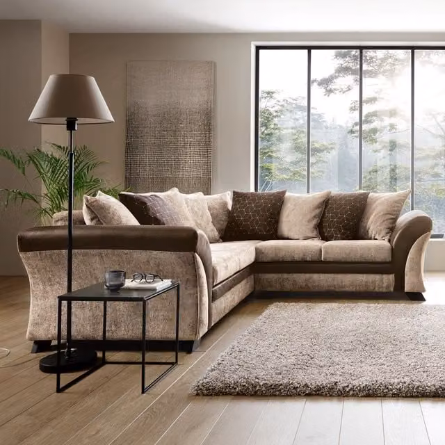 Abakus Direct Farrow Left Facing L-Shape Corner Sofa in Brown and Beige Leather and Chenille Fabric