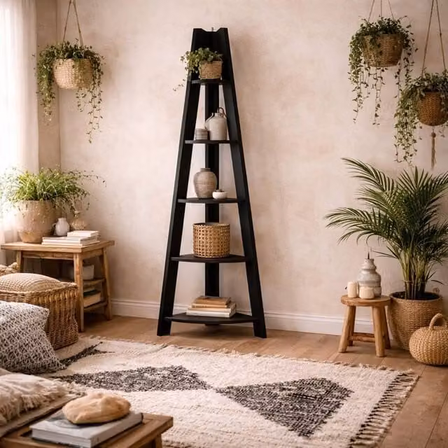 Wyld Haus Athy Black Wooden Corner Ladder Shelving with 5 Shelves, H 175.4 x W 38.6 x D 38.6 cm – 1