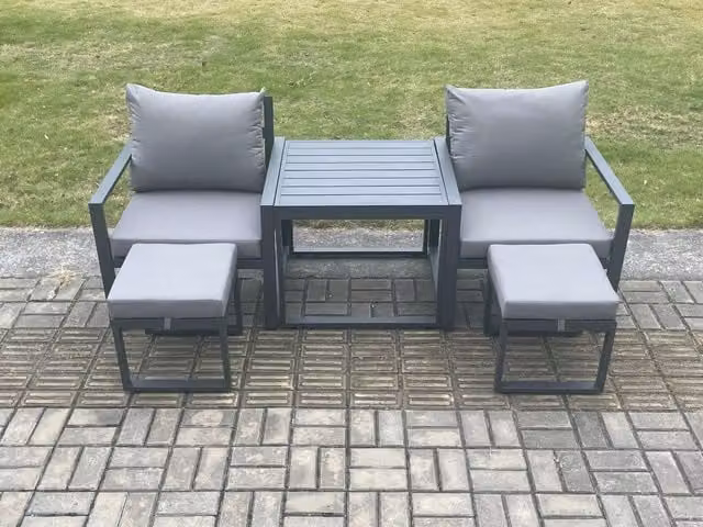 Fimous 5 Piece Powder Coated Aluminium Garden Furniture Set in Dark Grey with Armchairs, Ottomans, Coffee Table and Cushions