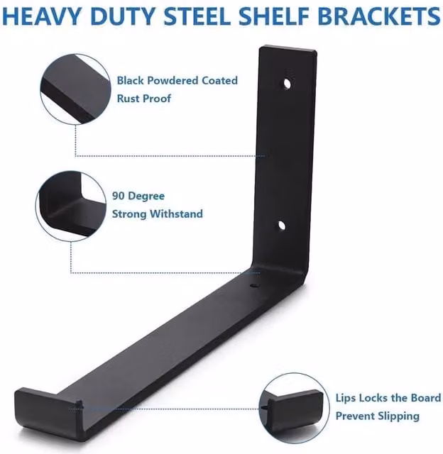 NESTLUNE Set of 4 Rustic Heavy Duty Industrial Steel Shelf Brackets in Matt Black, W: 100 cm, D: 15 cm