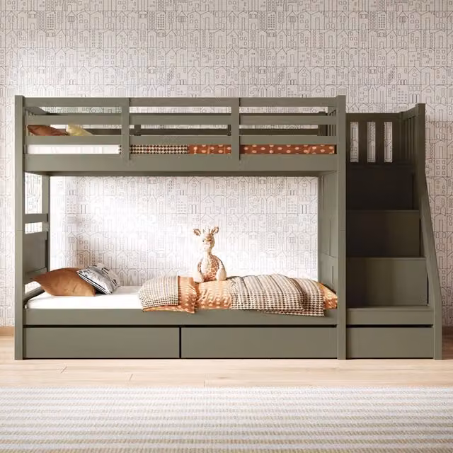 Flair Lunar Junior Bunk Bed in Green and White with Stairs and Side Compartments