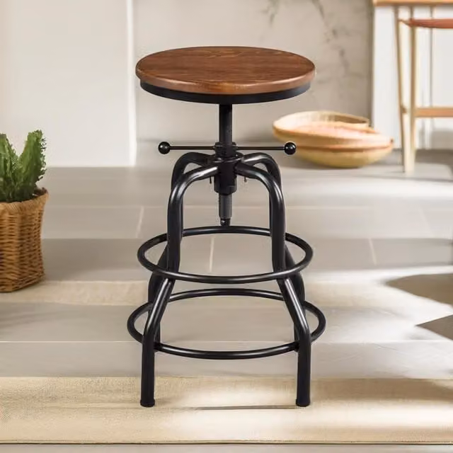 FURNOS Industrial Adjustable Height Retro Bar Stool in Brown with Wood Frame