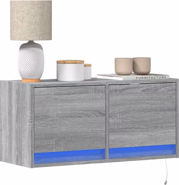 Berkfield Home TV Wall Cabinet with LED Lights in Grey Sonoma, W/D/H: 80 x 31 x 35 cm