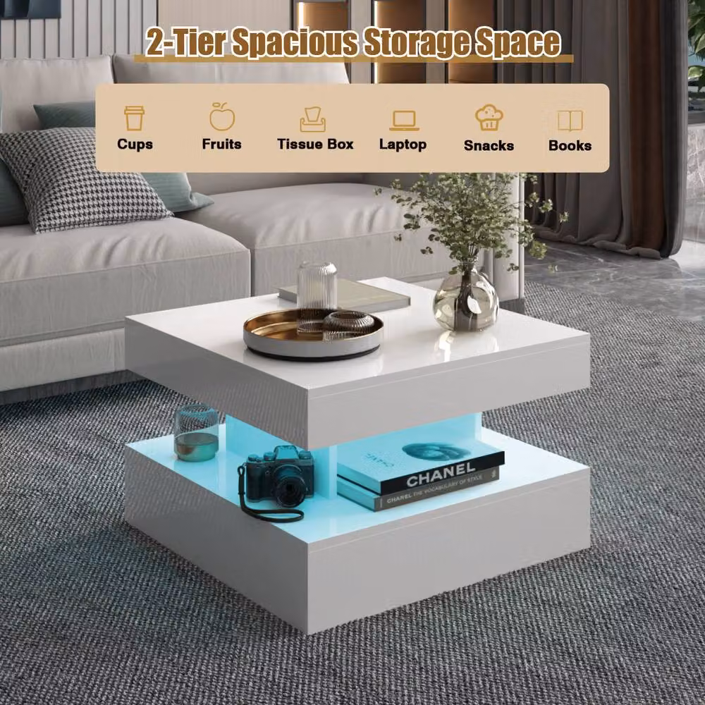 KEEPREAPER Modern Sleek LED Coffee Table with 2 Storage Drawers in White Marble Finish – 3