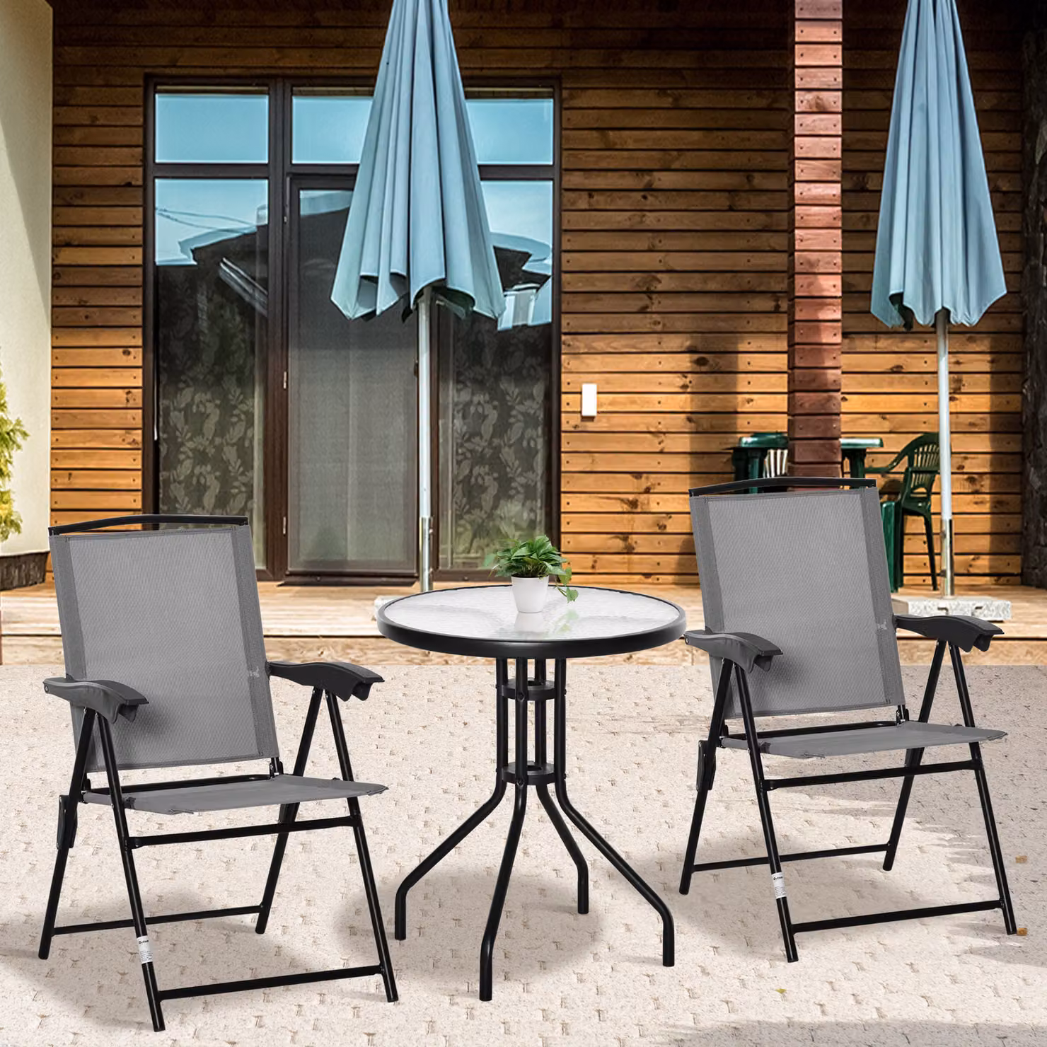 Outsunny 3 Piece Bistro Set with 2 Folding Chairs and Round Tempered Glass Table in Grey – 2