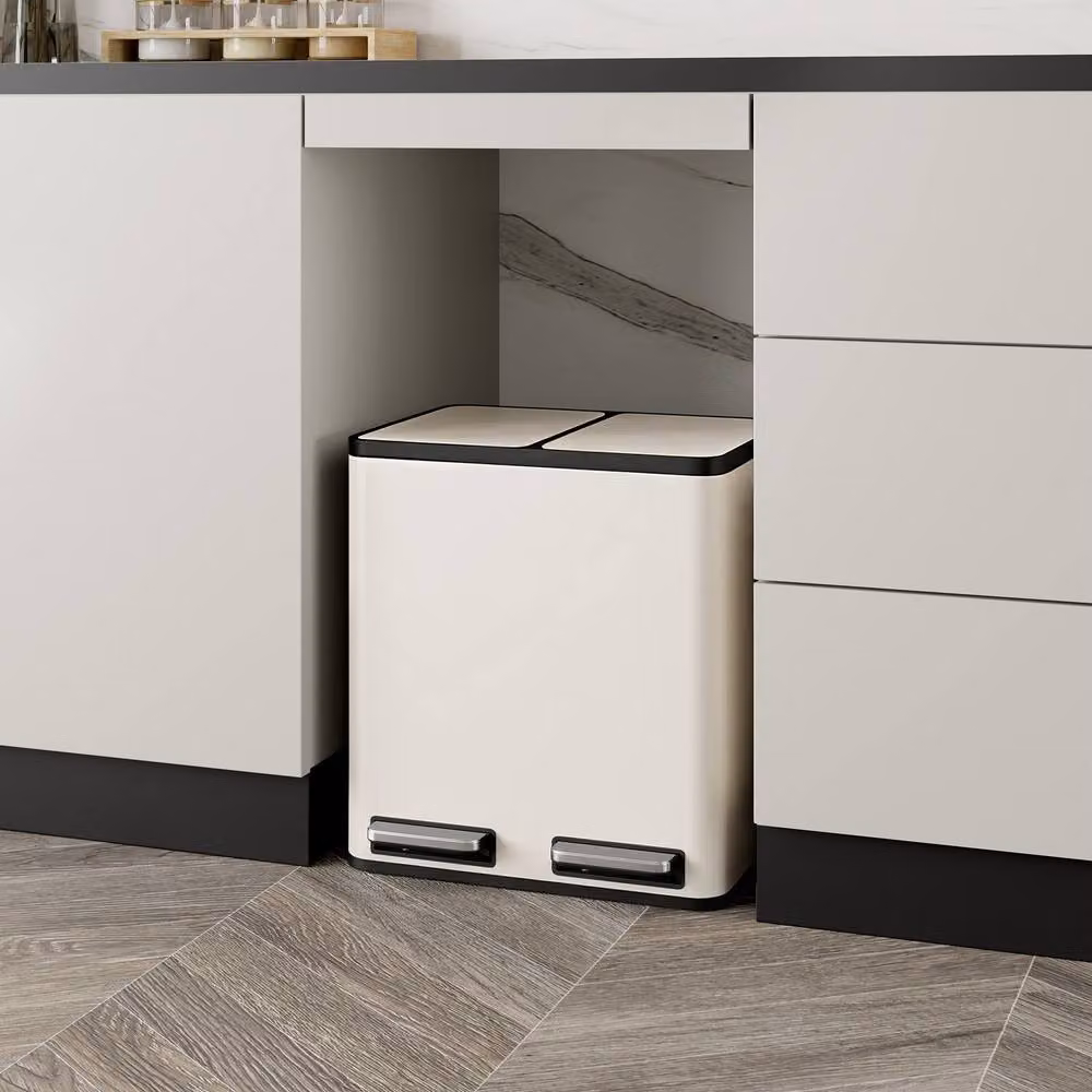 VonHaus 30L Double Compartment Kitchen Recycling Bin with Soft-Close Pedal in Beige (2 x 15L) – 4