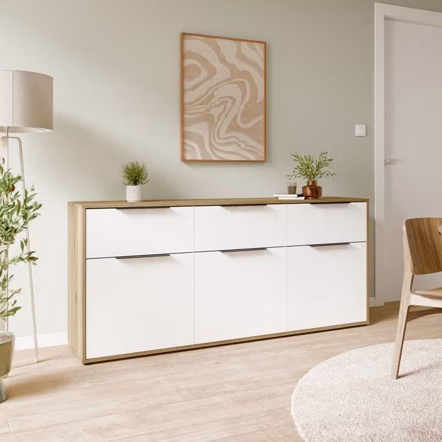 Furniture To Go Orkney 3 Drawer Sideboard with 3 Doors in Mauvella Oak and White Gloss