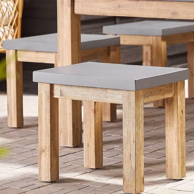 Wyld and Coco Grey Fibre Cement Outdoor Garden Stool with Acacia Wood Base, H 50 cm x W 40 cm x D 45 cm