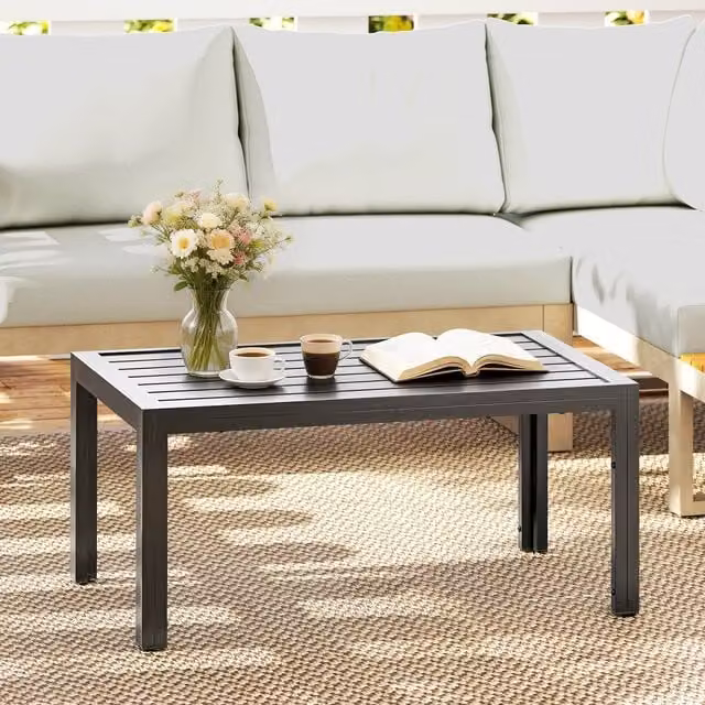 Outsunny Grey Wood Effect Outdoor Coffee Table with Slat Tabletop for Garden and Balcony