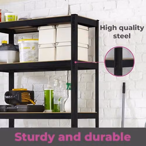 Neo 5 Tier Heavy Duty Steel Storage Shelving Unit, Black, H 180 x W 90 x D 40 cm – 5